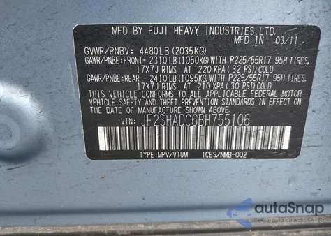 2011 Subaru Forester 2.5X Premium z USA, uszkodzony, nr VIN JF2SHADC6BH755106